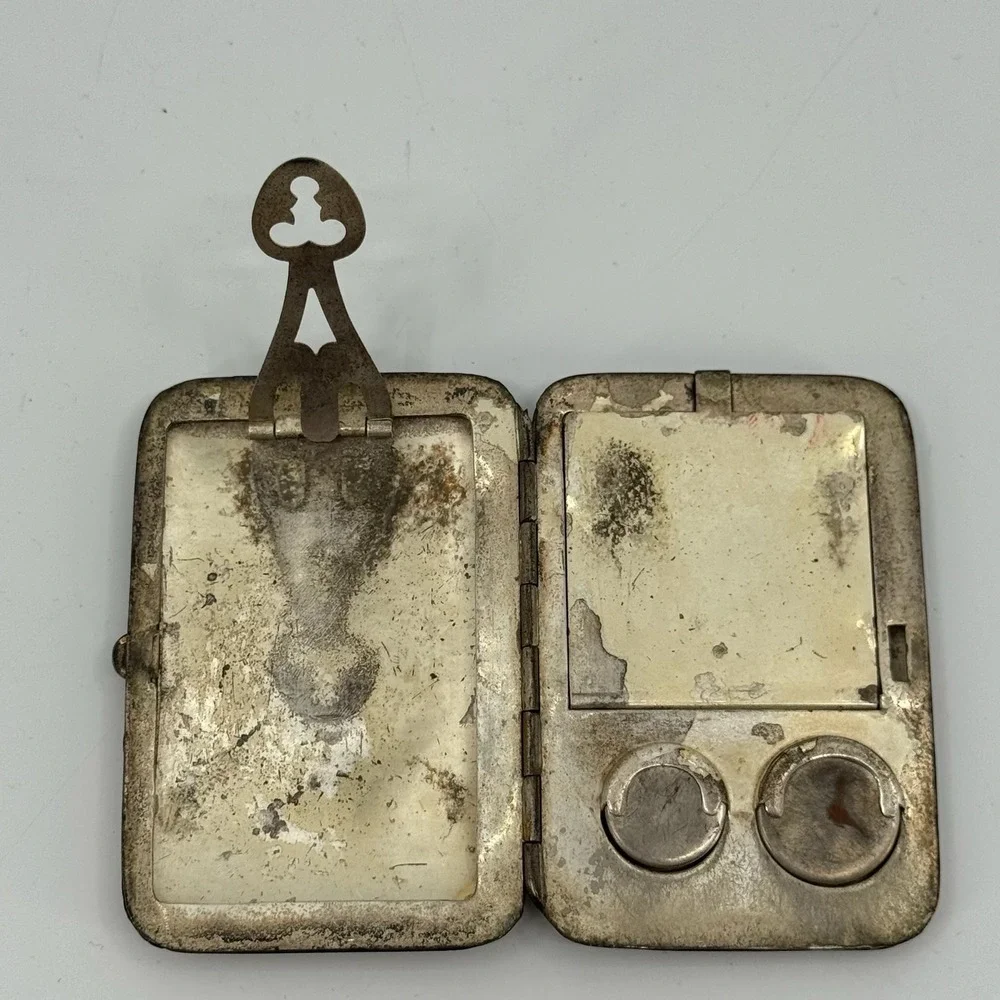 Vtg 30s Art Deco Dance Compact Wallet Money Clip Coin Holder Mirror Silver Tone